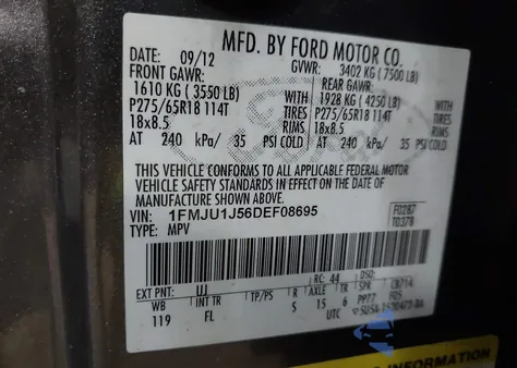 2013 Ford Expedition Xlt из США, поврежденный, VIN 1FMJU1J56DEF08695